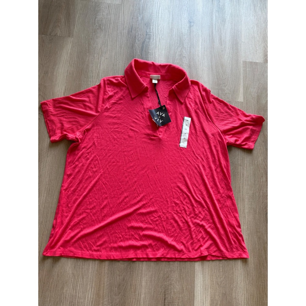 Ava & Viv Womens Pink Ribbed‎ Short Sleeve Polo Shirt V-Neck Plus Size 2X NWT